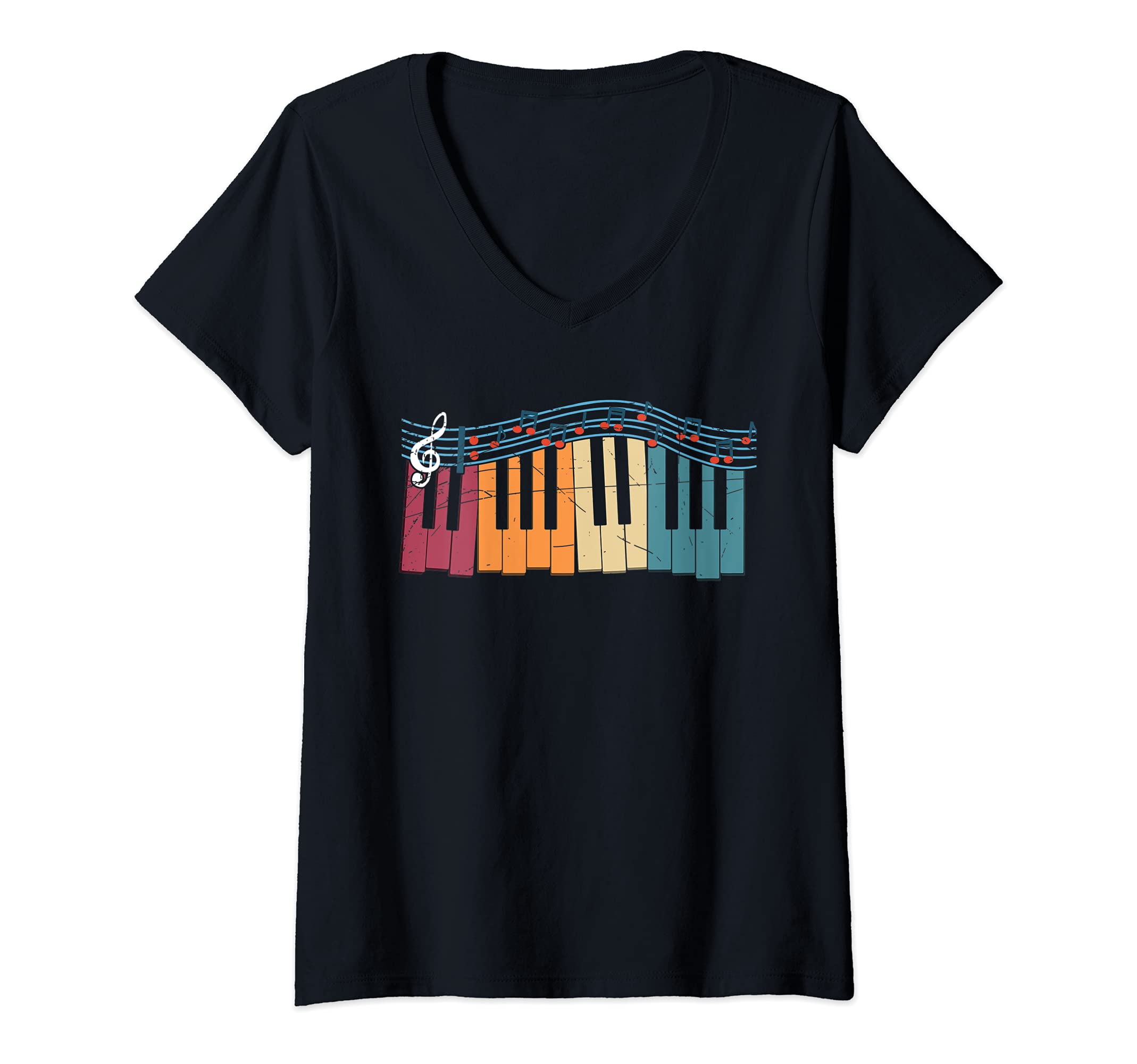 Womens Retro Classical Musician Treble Clef Pianist Keyboard Piano V-Neck T-Shirt