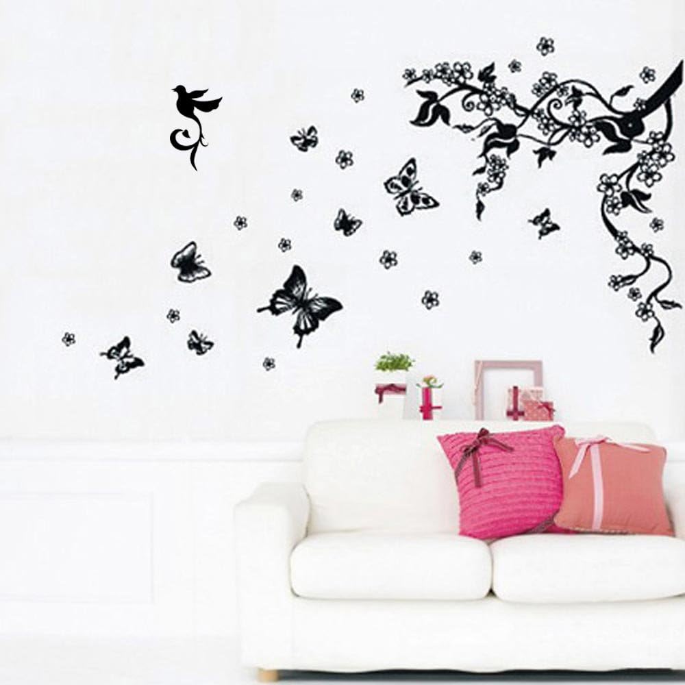 Walplus 50x70 cm Wall Stickers Branches and Butterflies Removable Self-Adhesive Mural Art Decals Vinyl Home Decoration DIY Living Bedroom Office Décor Wallpaper Kids Room Gift, Black