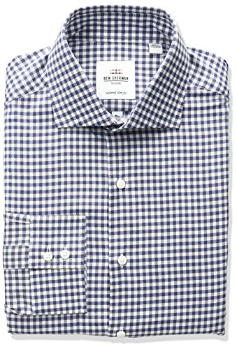 Ben Sherman Men's Royal Oxford Check Spread Collar Dress Shirt, Grey/Blue, 16.5