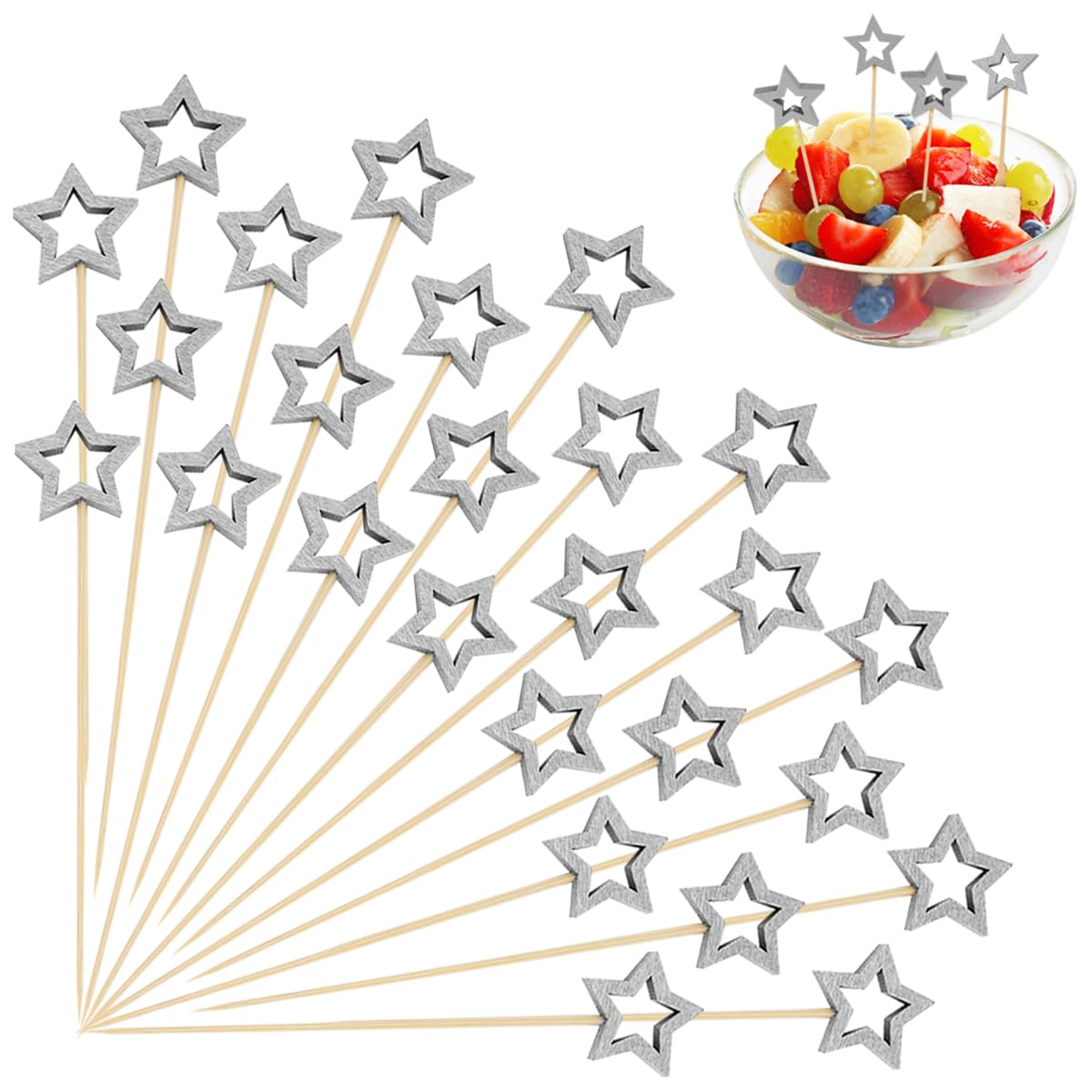 DOERDO 50Pcs Wooden Toothpicks Decorative Toothpicks Skewers for Appetizers, Cocktail Picks for Fruits and Drink Garnish Party Supplies, 5.5Inch, Silver
