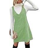 Koinshha Women V Neck Corduroy Overall Dress Casual Loose Short Pinafore Dresses Cute Mini Jumper Dress