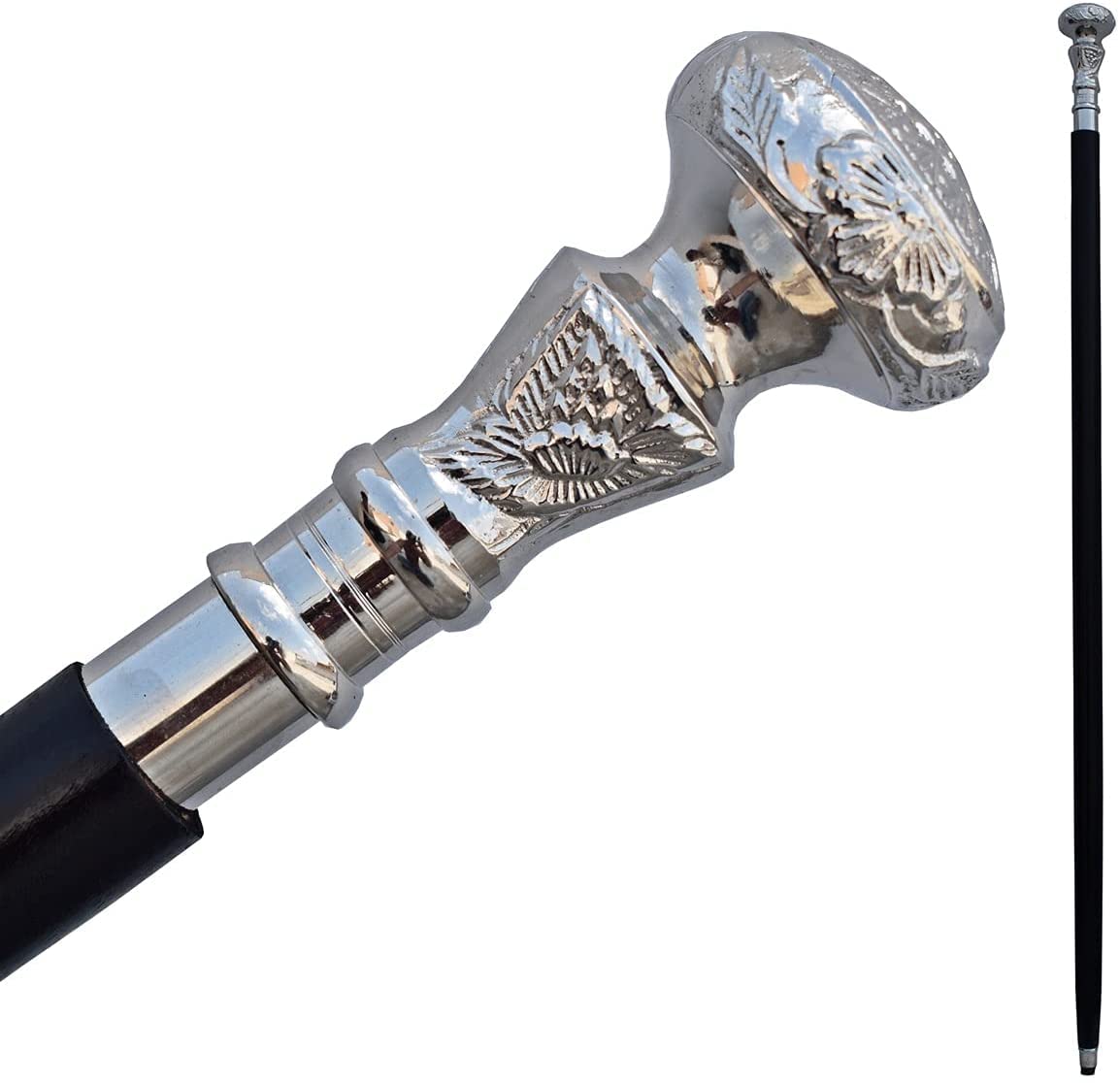 Riyex Vintage Antique Walking Cane Wooden Walking Stick Silver Brass Handle Knob Gift Fancy Cane