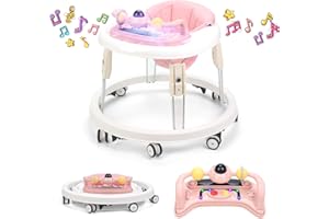 WNTTMT Baby Walker with Wheels,Music and Lights Baby Walker for Boys Girls 6-12 Months,Foldable Baby Walkers and Activity Center,Toddler Infant Walker with 7-Speed Height Adjustment,Detachable Plate,Pink