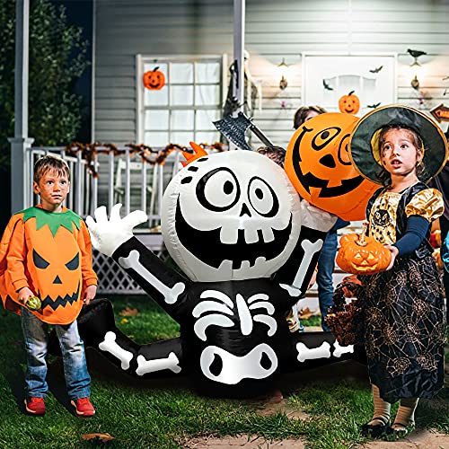 Yostyle 5 Ft Halloween Inflatables Skull Skeletons with Pumpkin Ghosts Built-in LED Lights with Tethers, Stakes for Outdoor Decor, Halloween Blow up Outdoor Party Decor for Yard Garden