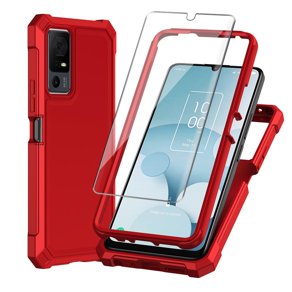 Anlxhj for TCL 505 case, with Tempered Glass Screen Protector 360 Full-Body Soft TPU Bumper Shockproof Silicone Protective Phone Cover Case for TCL 505 (Red)
