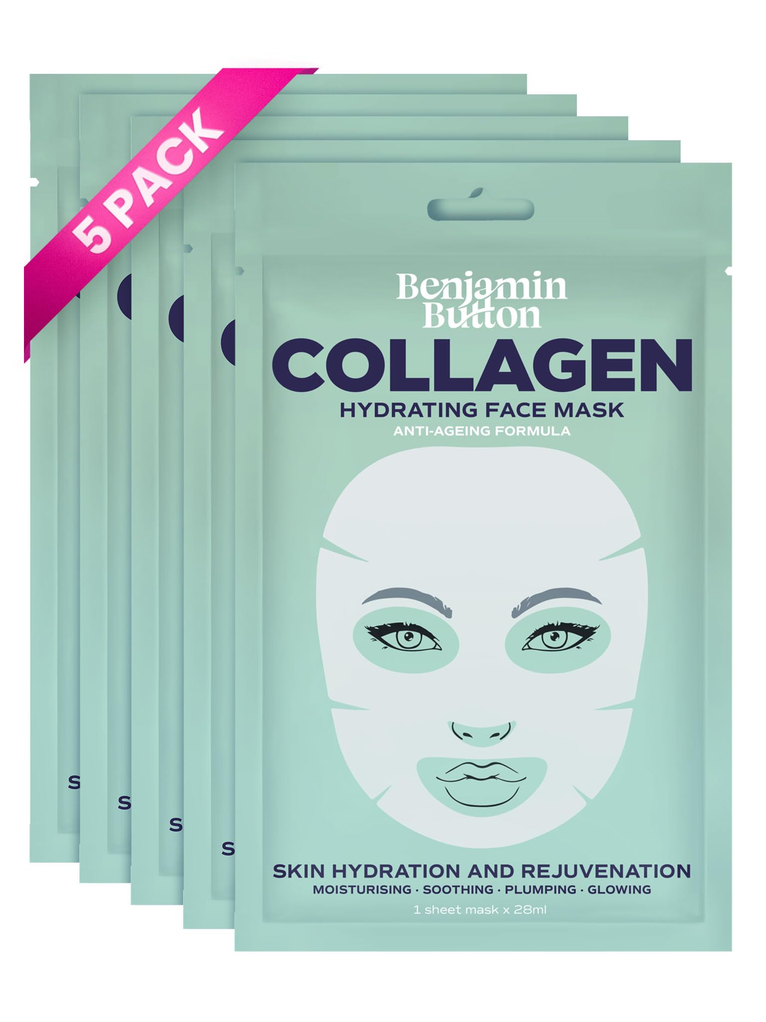 Collagen Face Mask Korean, Bio Collagen Real Deep Overnight Hydrating Mask, Anti-Ageing, Wrinkle Reduction, Plumping & Glass Skin Glow | 5-Pack, Benjamin Button