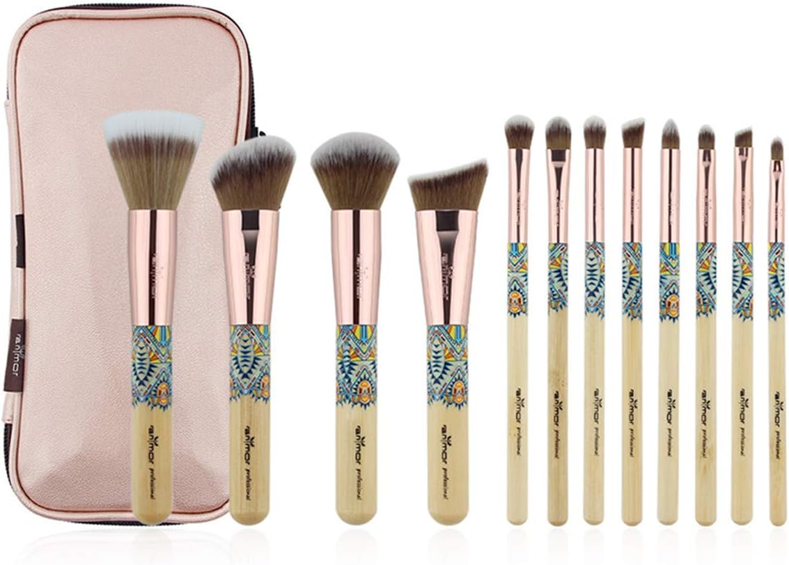 Anmor 12PCS Make Up Brush Bamboo Nylon Foundation Blush Eye Shadow Concealer Makeup Brushes Set Tools With Cosmetic Portable Bag