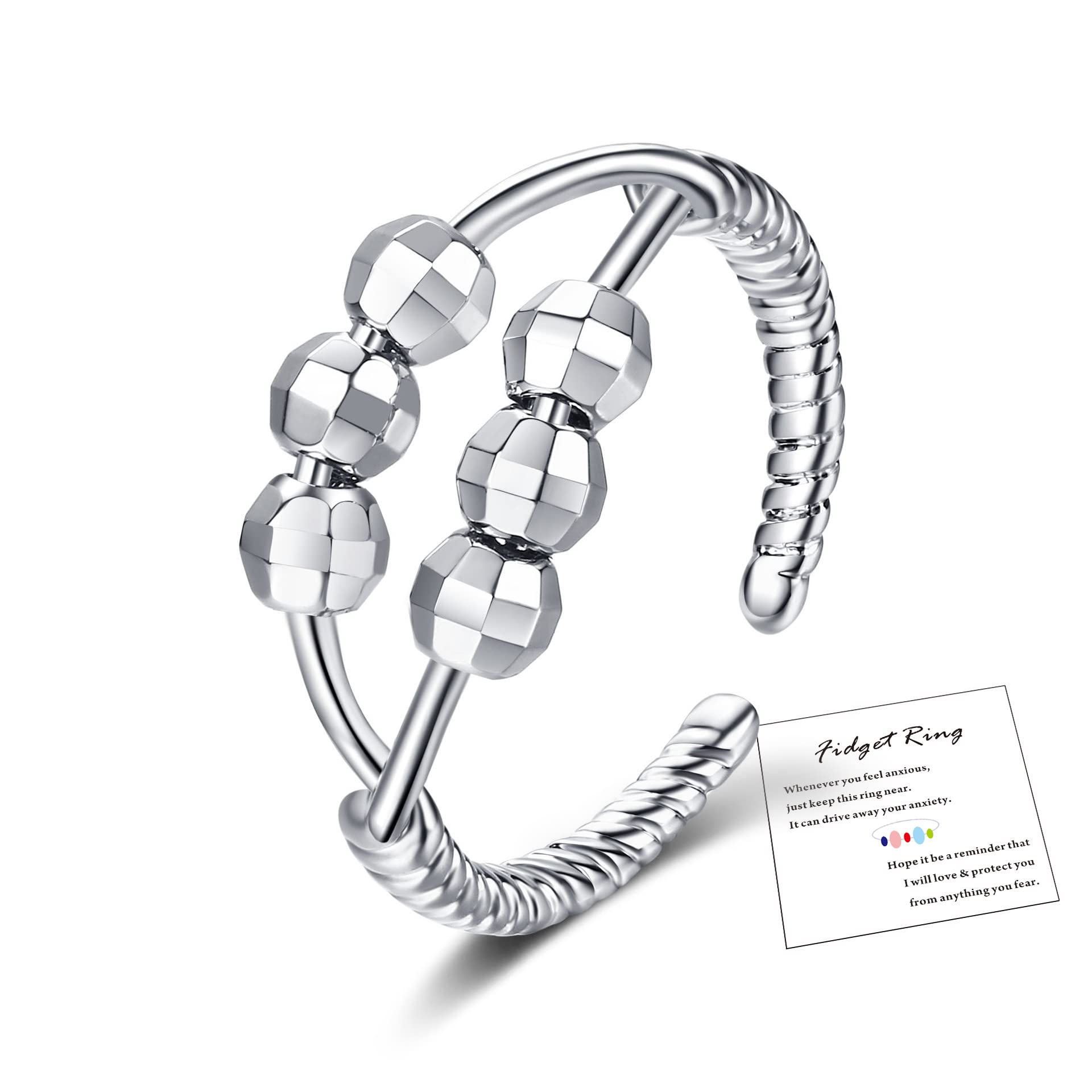 Fidget Rings for Anxiety Relief - Silver & White Gold Adjustable Thumb Rings for Men & Women, Spinner Rings