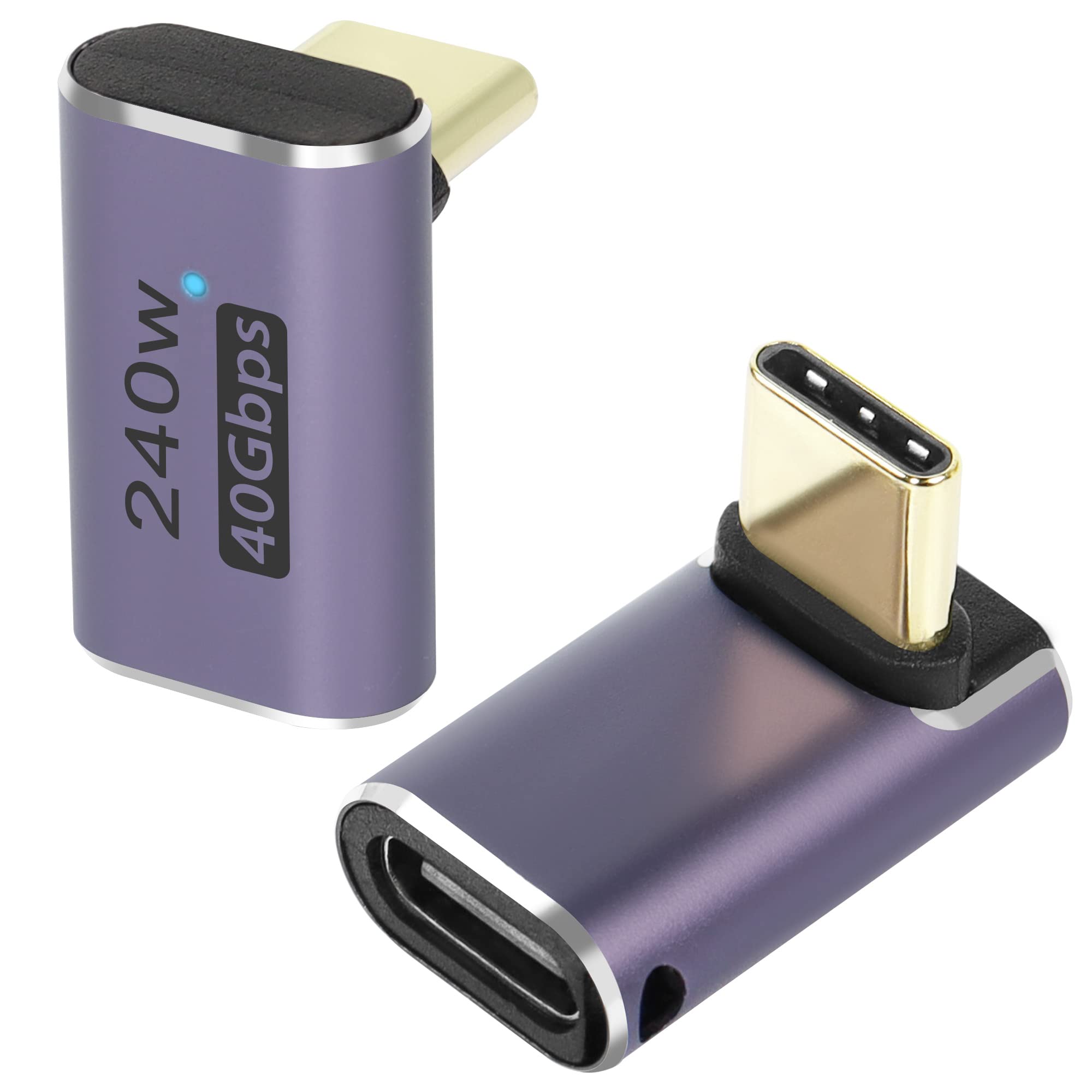 QIANRENON USB4.0 C 90 Degree Angle adapter 240W 40Gbps Type C 4.0 Male to Female Right Angle Coupler, LED Indicator, 8K Audio/video Transfer, for Smartphone Tablet Steam Deck, 2 Pcs (Forward Bend)