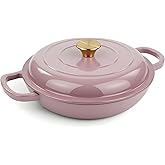 Vintage Style 3 Quart Enameled Cast Iron Braiser, Non Stick Enameled Cast Iron Skillet with Lid, Dutch Oven Skillet with lid up to 500°F for Oven, Stove, Grill, Shallow Dutch Oven for Cook, Bake (Pink)