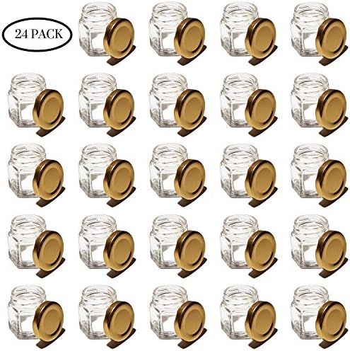 Hexagon Glass Jars 1.5 Oz - Case of 24 - Mini Glass Jars with Gold Lids by Nestox