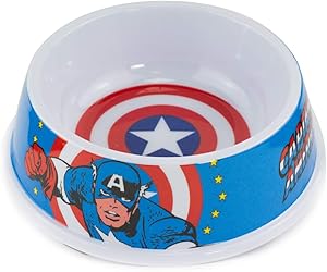 Buckle-Down Dog Food Bowl Captain America Shield Action Pose Blue Red White 16 Ounces