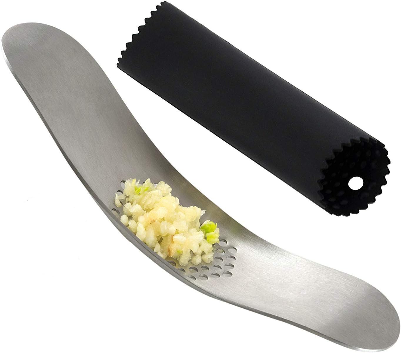 OMECOREGarlic Press Rocker Crusher Solid Stainless Steel Mincer with Silicone Peeler