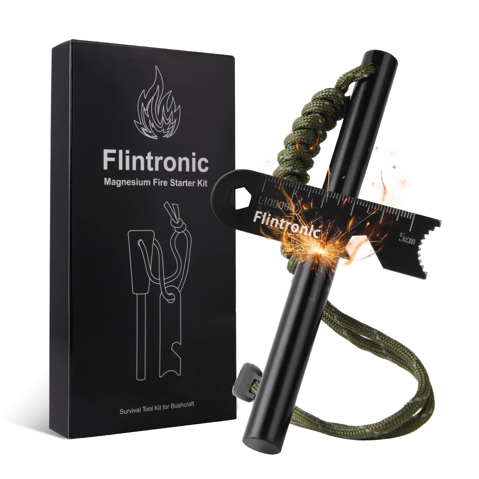 Survival Fire Steel, Flint Striker Steel Fire Starter Kit, Magnesium Ferrocium Rod Firesteel with Scale Scraper & Whistle, Outdoor Emergency Survival Tool for Travelling Camping Hiking
