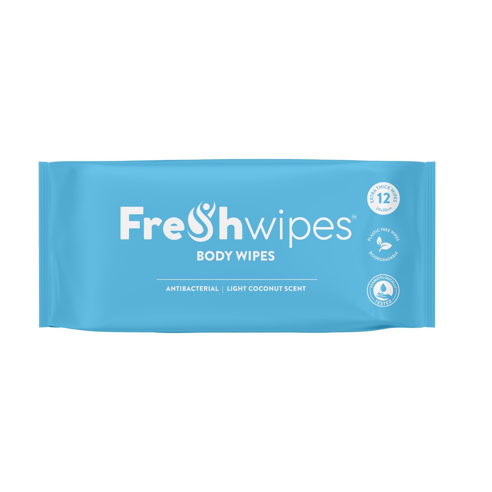 FreshWipes Antibacterial Body Wet Wipes For Adults 1 Pack (12 Wipes) - Coconut Scent - Extra Large Biodegradable - Dermatologically Tested & Suitable for the Elderly or Disabled - Great for Camping
