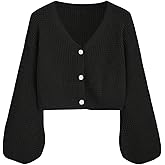 SHENHE Girl's Cardigan Button Down Lantern Sleeve V Neck Knitted Crop Cardigan Sweater
