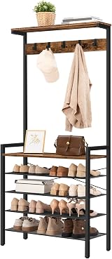HOOBRO Coat Stand with Shoe Storage Industrial Hall Tree 5 Hooks Rustic Brown view 9