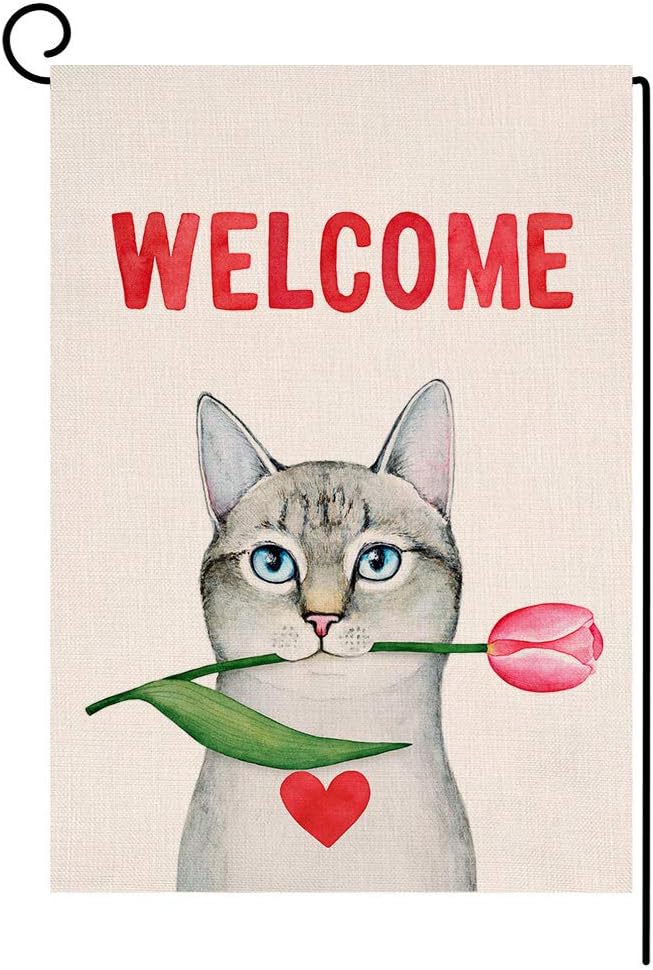 Cat Welcome Valentine's Day Small Garden Flag Spring Red Tulip Vertical Double Sided Burlap Yard Outdoor Decor 12.5 x 18 Inches (138846)