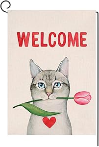 Cat Welcome Valentine's Day Small Garden Flag Spring Red Tulip Vertical Double Sided Burlap Yard Outdoor Decor 12.5 x 18 Inches (138846)