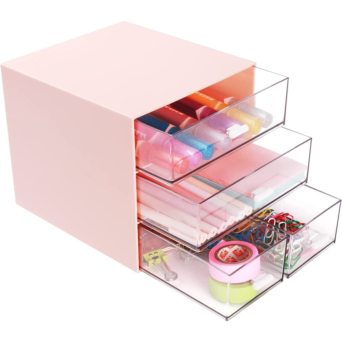Umtiti Desk Storage, Makeup Storage Box With 4 Drawers, Plastic Office Stationery Supplies Organizers, Desktop Organizer for Office School Home And Bathroom (Pink，UK)