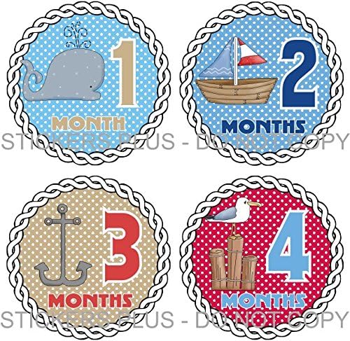 Baby Boy Month Stickers Monthly Baby Milestone Stickers Nautical Ocean Anchor Rope Sail Boat Whale Seagull Bird Red White Blue Baby Age Stickers
