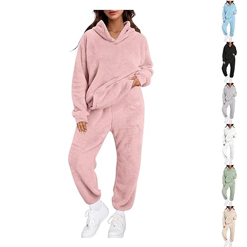 Fleece Pyjamas Comfortable Loungewear Sets for Women Soft Pockets Fluffy Long Sleeve Bottoms Set Casual Elastic Waisted Loose Think Fleece Sleepwear Stylish Hoodie Pyjamas Black XS
