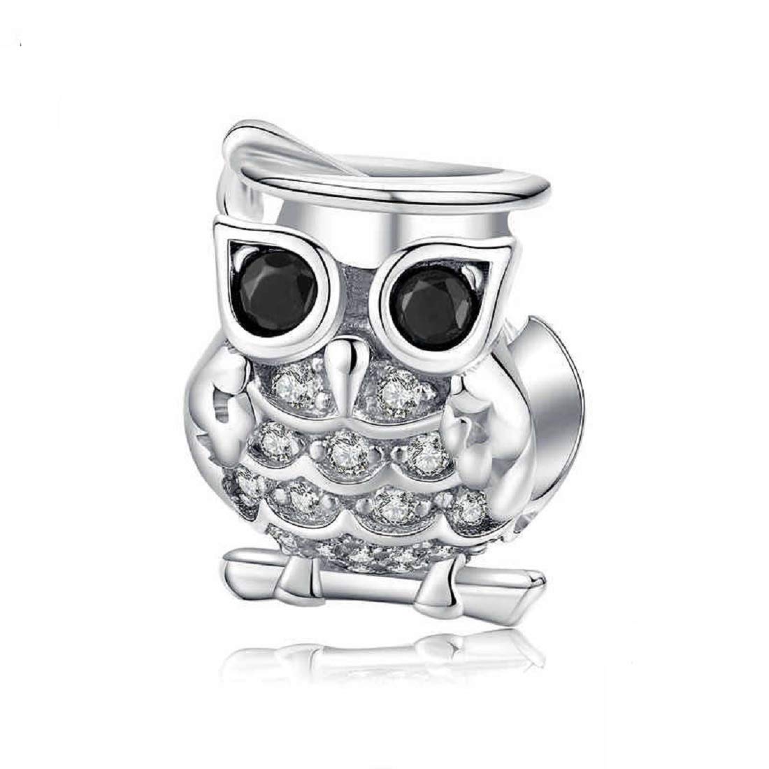 FeatherWish Sterling Silver 925 Charm Owl Bird Animal Family Pet Bead Fits And Compatible With Pandora Bracelets Gift Friend Sister Wife Daughter (Clear Crystal)