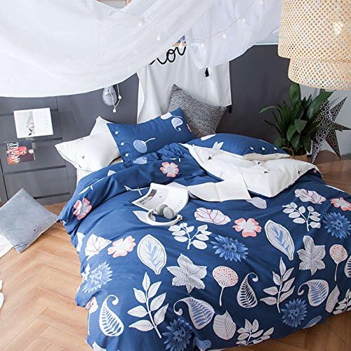 TouteSporting Dark Blue 4PC Duvet Cover Set Cartoon Printed Stickfigure Flowers Leaves Full/Queen Size
