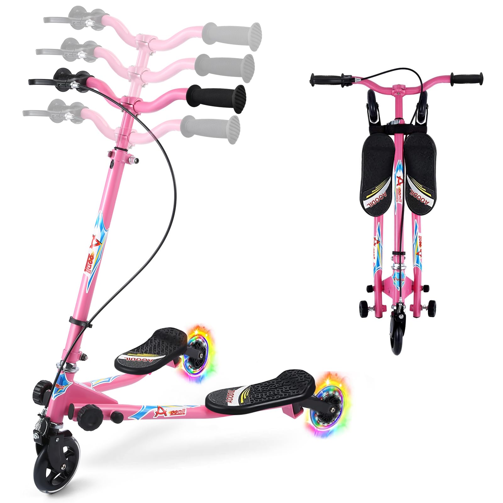 AOODIL Swing Scooter for Kids, 3 Wheels Foldable Wiggle Scooter Push Drifting with Adjustable & 2 Rear LED Wheels Kicks Scooter for Boys and Girls Ages 3-8