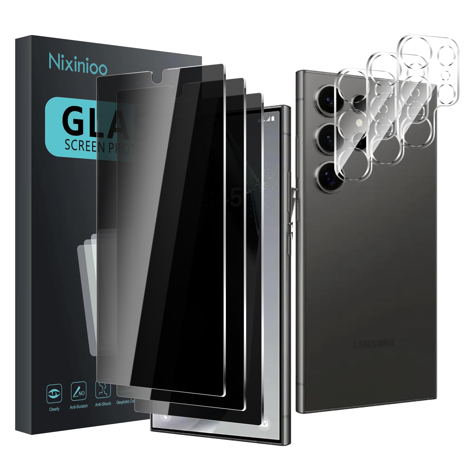 Nixinioo 3 Pack Privacy Screen Protector for Samsung Galaxy S24 Ultra With 3 Pack Camera Lens Protector, Anti Spy Tempered Glass Film, 9H Hardness, Black Protector, Anti-Scratch, Bubble Free
