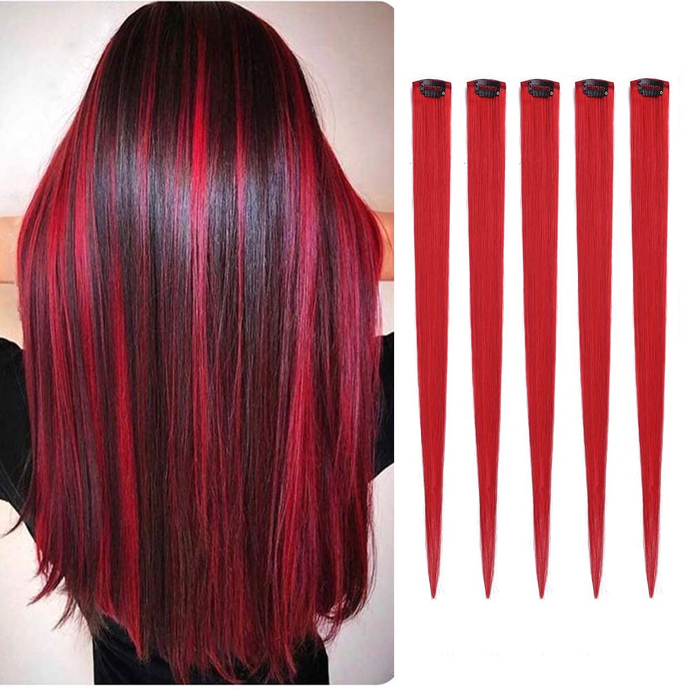 Photo 1 of 5pcs Red Clip in Hair Extensions 100% Human Hair 18 Inch Colored Party Highlights Clip in Extensions for Women Kids Girls