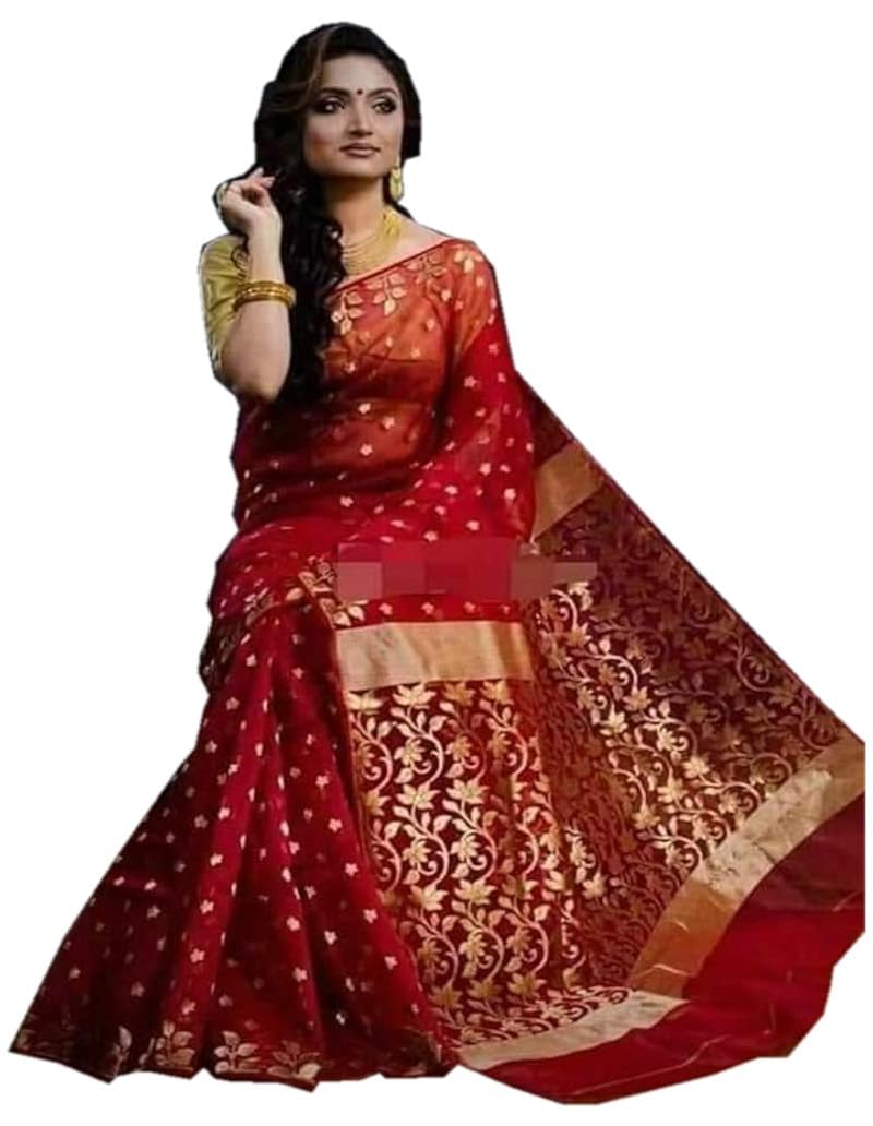 Buy Flipza Fashion Women S Woven Cotton Silk Handloom Muslin Dhakai Jamdani Saree Red At Amazon In