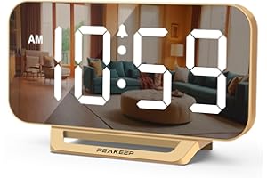 Peakeep Slim Digital Mirror Aesthetic Alarm Clock for Bedrooms Desk Decor - Plug in Electric Big LED Modern Small Clock for Office Living Room, Battery Backup, 6 Dimmers (Gold)