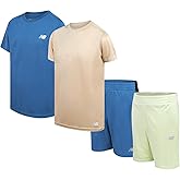 New Balance Boys Shorts Set - 4 Piece Short Sleeve Boy TShirt & Gym Athletic Shorts for Boys - Kids Youth Activewear Set