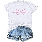 Weetiotio Womens Bow Coquette Shirt Clean Girl Aesthetic Graphic Tees Cute Pink Bow Shirts for Teens Trendy Oversized Tops