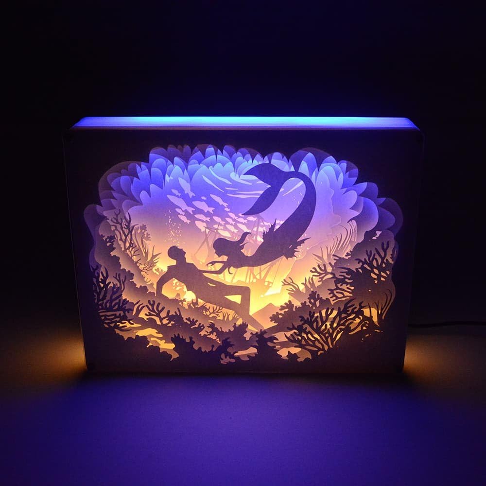 Paper-Cutting Light Box, 3D Paper Carved LED Night Light,1.7W USB Charged, Decorative Lamp for Kids and Adults, Baby Nursery Bedroom Living Room Night Lamp (Mermaid)
