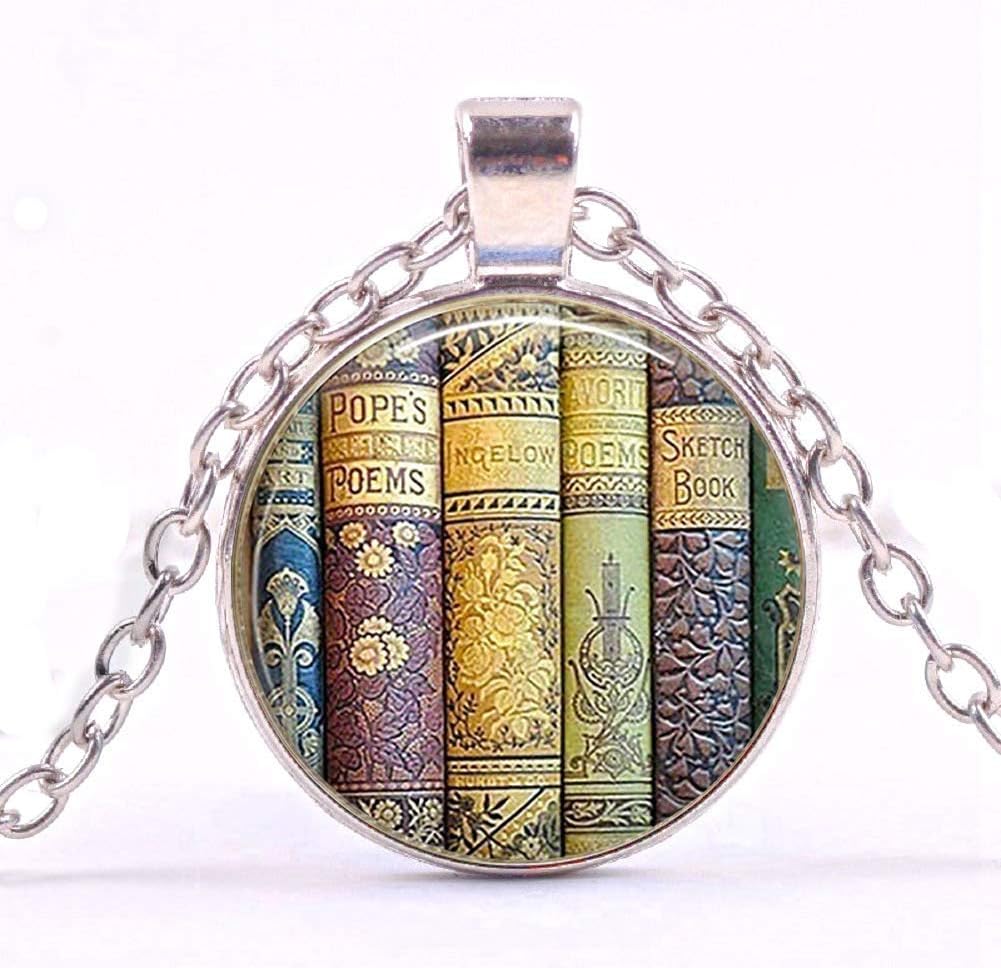 Handmade Bookcase Glass Dome Pendant Silver Chain Necklace