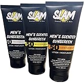 SLAM Men's Sunscreen Lotion SPF 50 & Moisturizer – Face & Body Sunblock, Anti-Aging, Water-Resistant, Hawaii Act 104 Safe, Skincare for Men, Scented & Unscented – 3 fl oz. each- Trio pack.