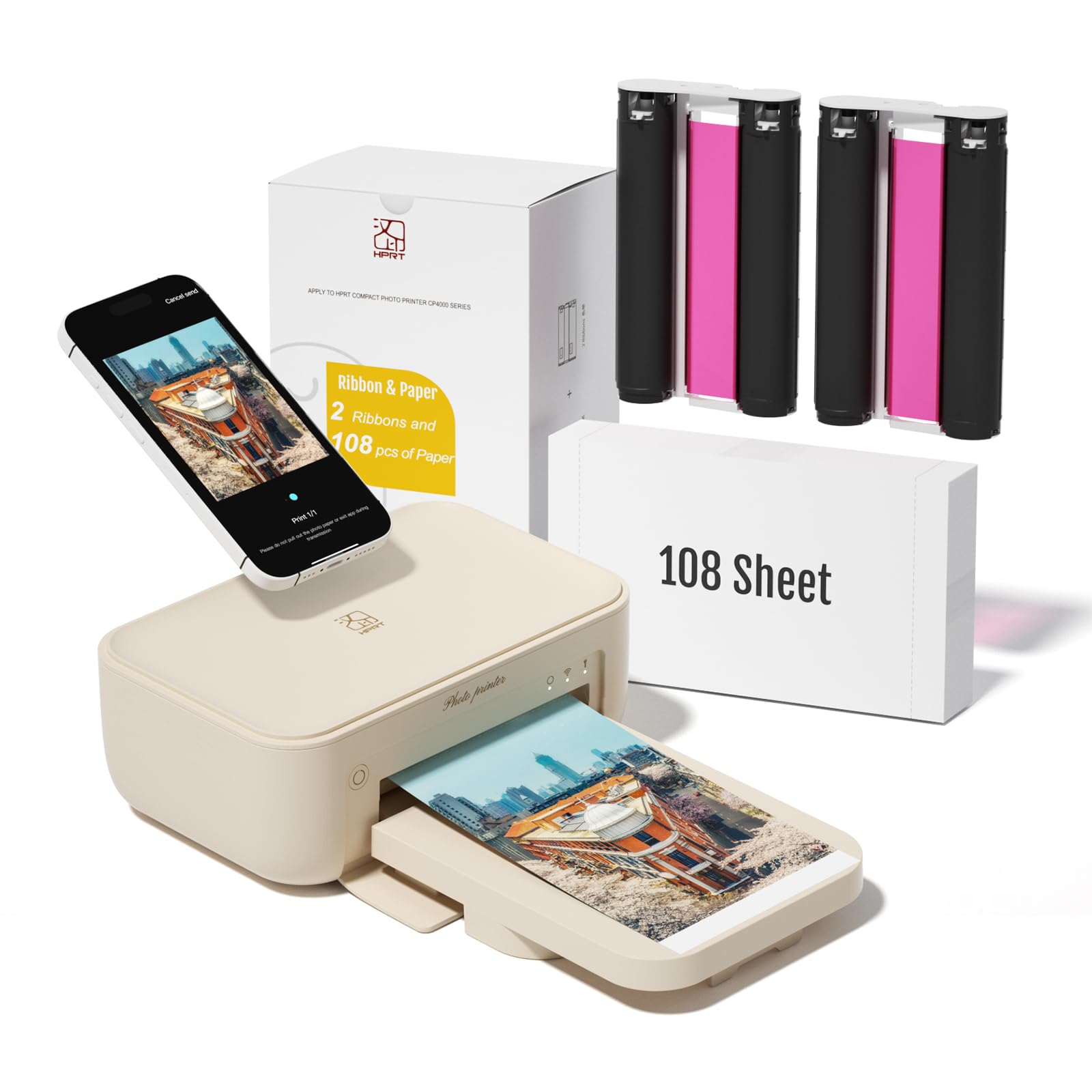 Photo 1 of HPRT 4x6 Photo Printer with 108 Sheet Photo Paper& 2 Ribbon, Desktop Instant Picture Printer for iPhone, Smartphone, Thermal Dye Sublimation, WI-Fi Connnecting, Home Use, Beige