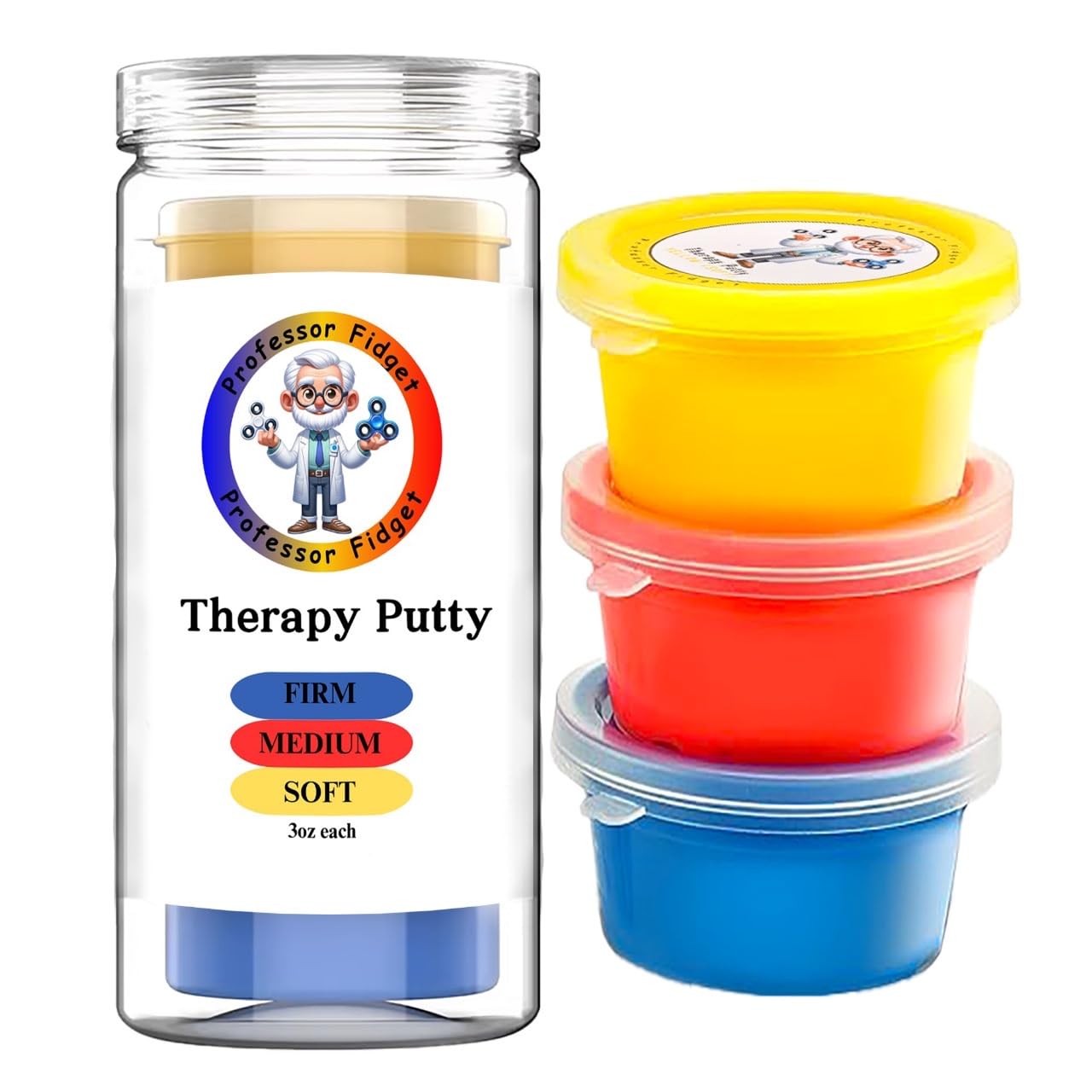 Professor Fidget Therapy Putty for Stress Relief, 85g Tubs, 3 Strengths for Concentration & Focus for Kids & Adults with ADHD & Autism, Reusable & Squeezable Hand Exercise Physio, Soft, Medium, Hard