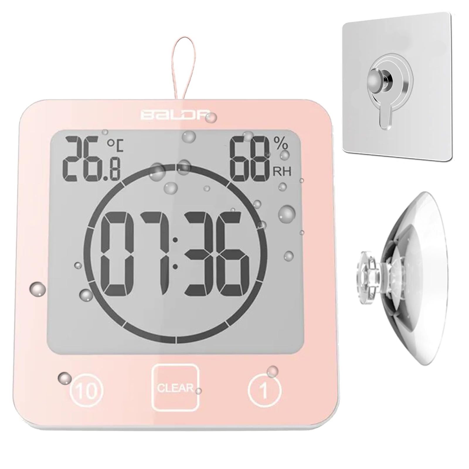 Waterproof Bathroom Wall Clock Shower Timer, Digital Large Visual Countdown Alarm Clock with Temperature Humidity, Mirror Suction & Rope Hanging & Stand, Easy Table Timer for Bath Kitchen Spa (Pink)