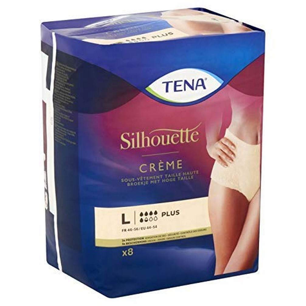 TENA Silhouette Plus High Waist - Female Incontinence Disposable Absorbent Underwear - Postpartum - for Moderate to Heavy Bladder Leakage - Cream - Size L - 1 Pack of 8 Pieces