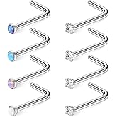 Ruifan 22G 316L Surgical Steel 1.5mm 2mm 2.5mm 3mm Jeweled Opal & Clear CZ Nose L-Shaped Rings Studs Ring Body Piercing Jewelry 8PCS