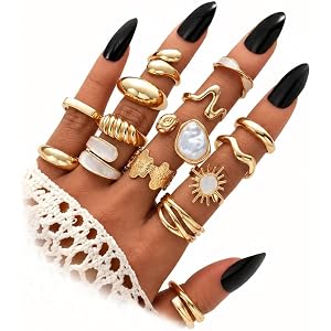15 Pcs Chunky Gold Rings for Women Open Adjustable Pearl Rings Set | Stackable Statement Rings Pack,Shall Shell，Stacking Knuc