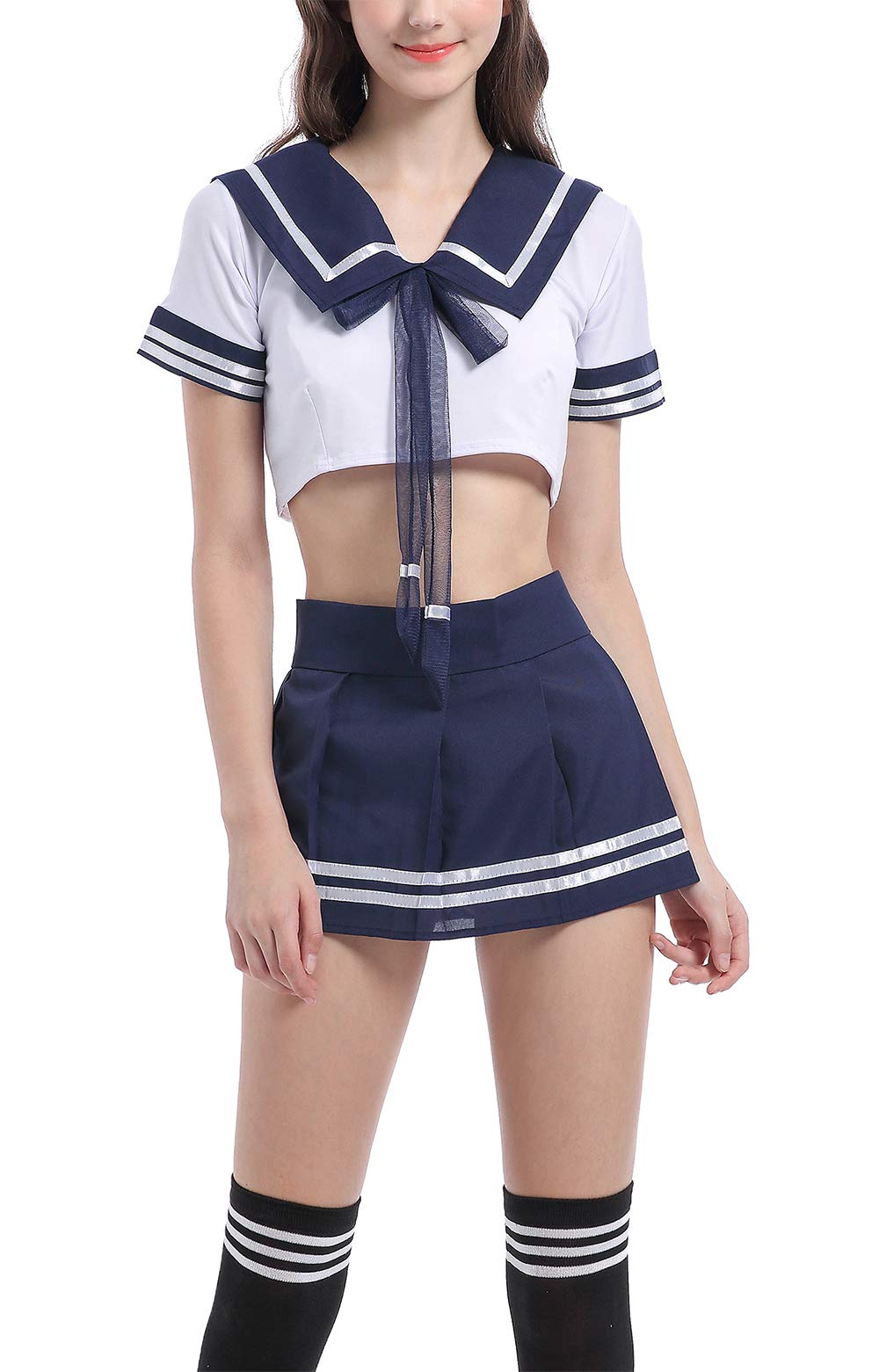 Aurueda Schoolgirl Lingerie Outfit Mini Sailor Suit Cosplay Costume with Stockings Navy Blue