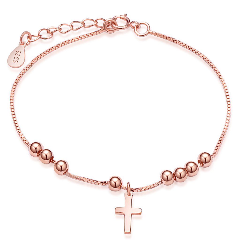 Infinite U Fashion Simple Cross Beads Womens Link Charm Bracelet 925 Sterling Silver Adjustable Chain with Extension, Rose Gold