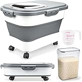 Komzon Rice Storage Containers, Collapsible 20 to 30Lbs Food Storage Bin Dispenser with Rolling Wheel and Clear Airtight Lid, BPA Free Flour, Sugar, Cereal and Dog Cat Pet food Containers