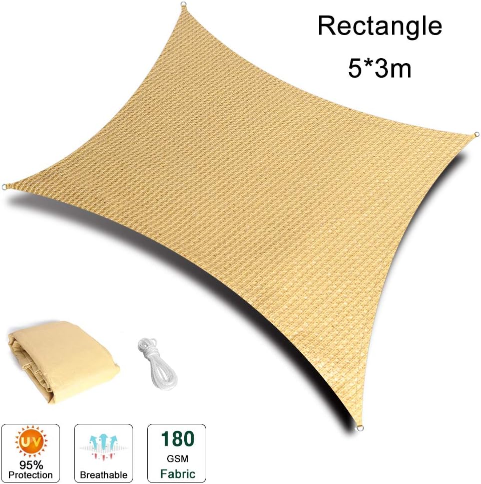 Chihee Shade sail UV Block 16.4X9.85ft (5X3m) Rectangle Sun Shade Canopy 180GSM HDPE Anti-Mildew Sunscreen Awning with 2m Free Rope for Outdoor Garden Patio Swimming Pool Barbeque Areas