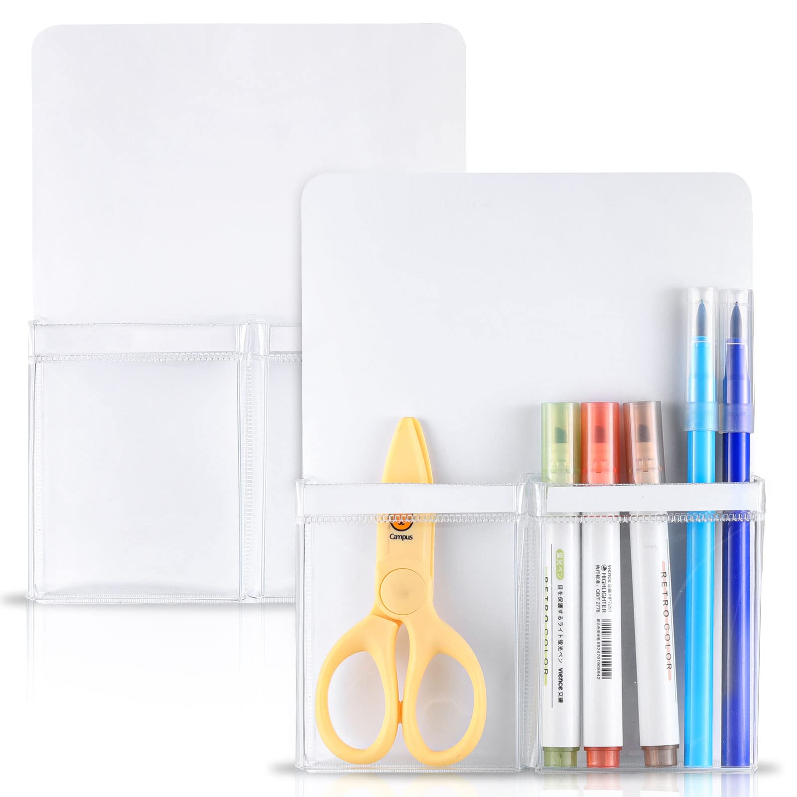 MoKo Magnetic Dry Erase Marker Holder, [2 Pack] Pencil Holder Organizer with 2 Pockets for Whiteboard Pen Holder for Refrigerator Storage Organizer for Office Glass with Strong Magnetic Back, White