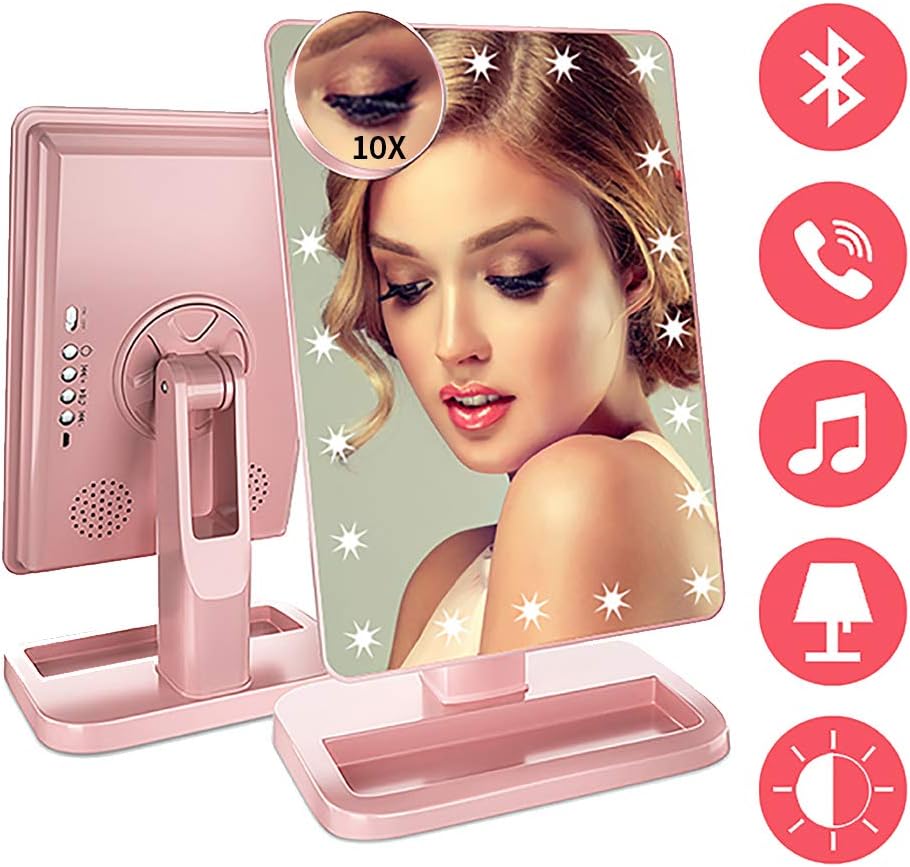 Fenchilin Makeup Mirror with Bluetooth - 20 LED Lights Makeup Mirror with Wireless Audio Speaker,USB Charger Cable & Removable 10X Magnifier,180 Rotation Vanity Mirror (Rose Gold)